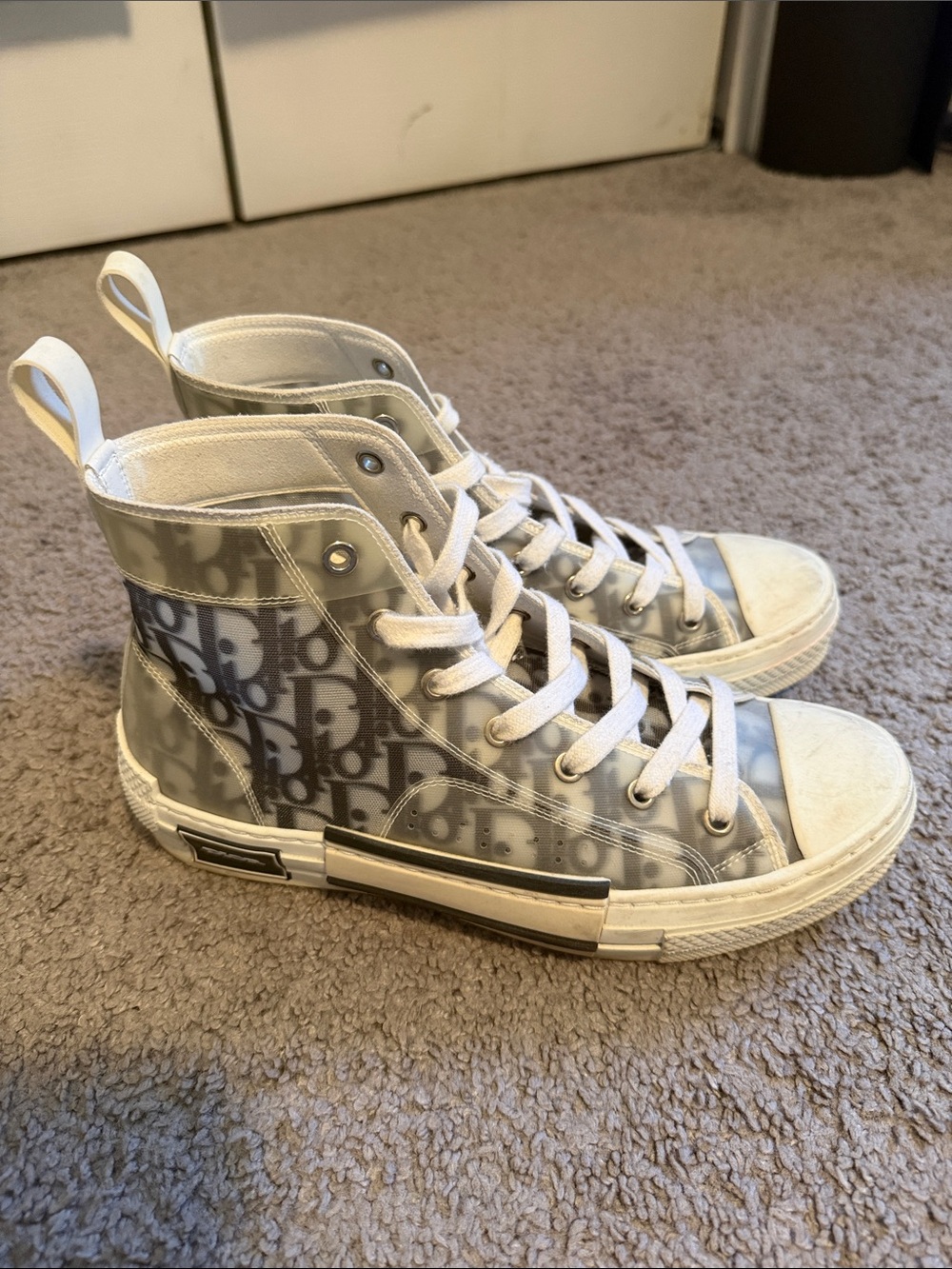 Dior Gray and White Monogram High-Top Sneakers